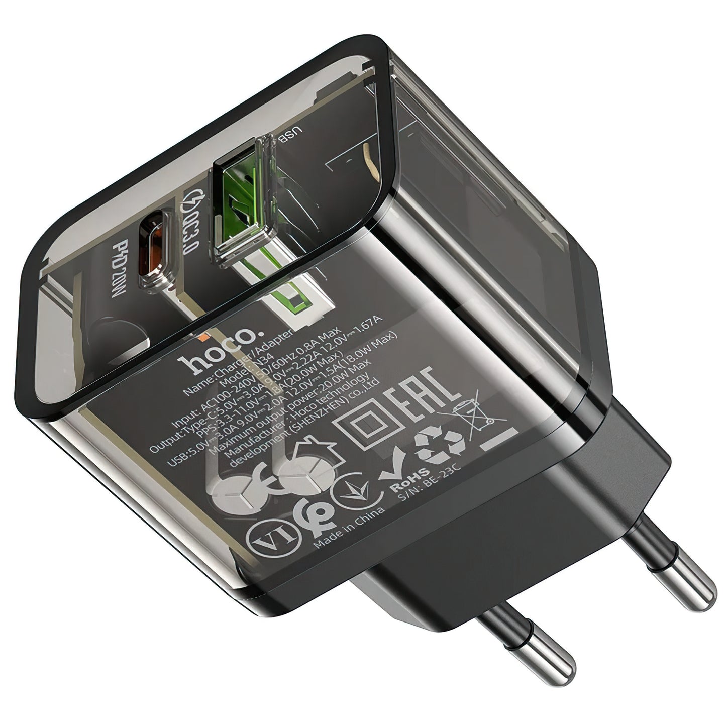 Polnilnik HOCO N34, 20W, 3A, 1 x USB-A - 1 x USB-C, Prozoren