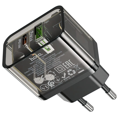 Polnilnik HOCO N34, 20W, 3A, 1 x USB-A - 1 x USB-C, Prozoren