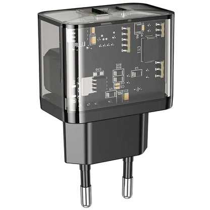 Polnilnik HOCO N34, 20W, 3A, 1 x USB-A - 1 x USB-C, Prozoren