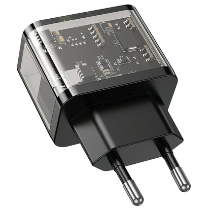 Polnilnik HOCO N34, 20W, 3A, 1 x USB-A - 1 x USB-C, Prozoren