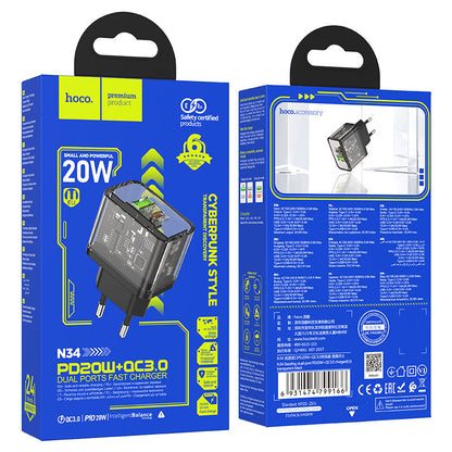 Polnilnik HOCO N34, 20W, 3A, 1 x USB-A - 1 x USB-C, Prozoren
