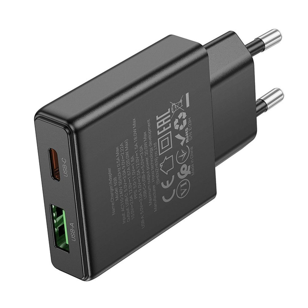 Polnilnik HOCO N38, 20W, 3A, 1 x USB-A - 1 x USB-C, črn
