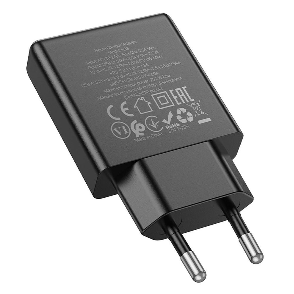 Polnilnik HOCO N38, 20W, 3A, 1 x USB-A - 1 x USB-C, črn