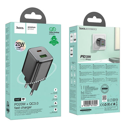 Polnilnik HOCO N41, 20W, 3A, 1 x USB-A - 1 x USB-C, Črn