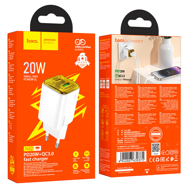 Polnilnik HOCO N52, 20W, 3A, 1 x USB-A - 1 x USB-C, Bel