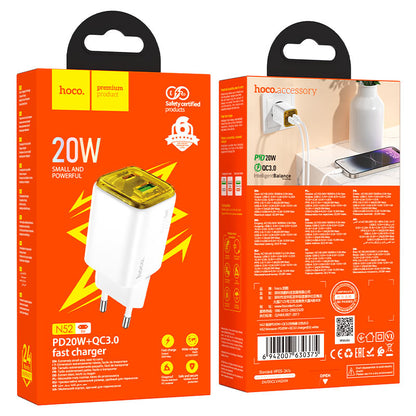 Polnilnik HOCO N52, 20W, 3A, 1 x USB-A - 1 x USB-C, Bel