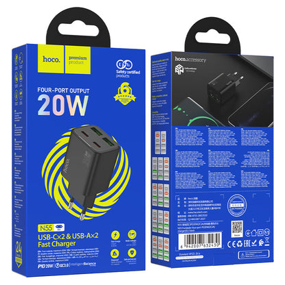 Polnilnik HOCO N55, 20W, 3A, 2 x USB-A - 2 x USB-C, črn