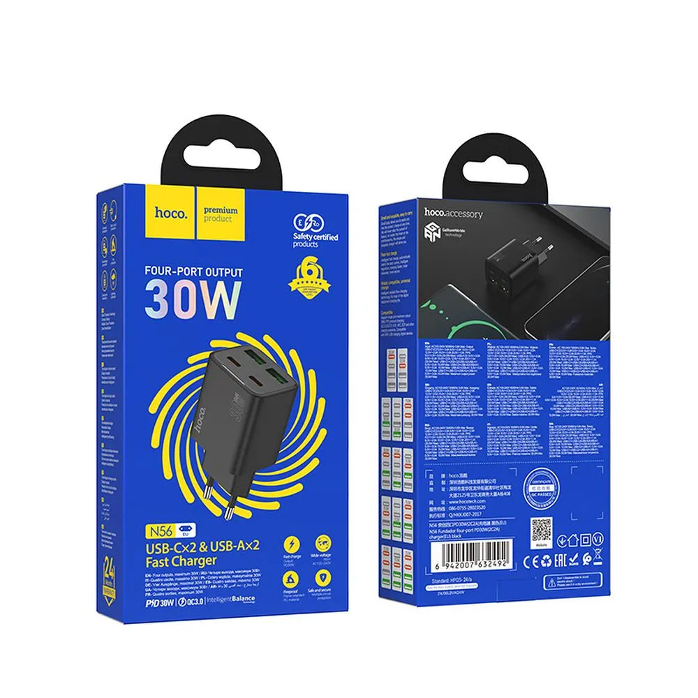 Polnilnik HOCO N56, 30W, 3A, 2 x USB-A - 2 x USB-C, črn