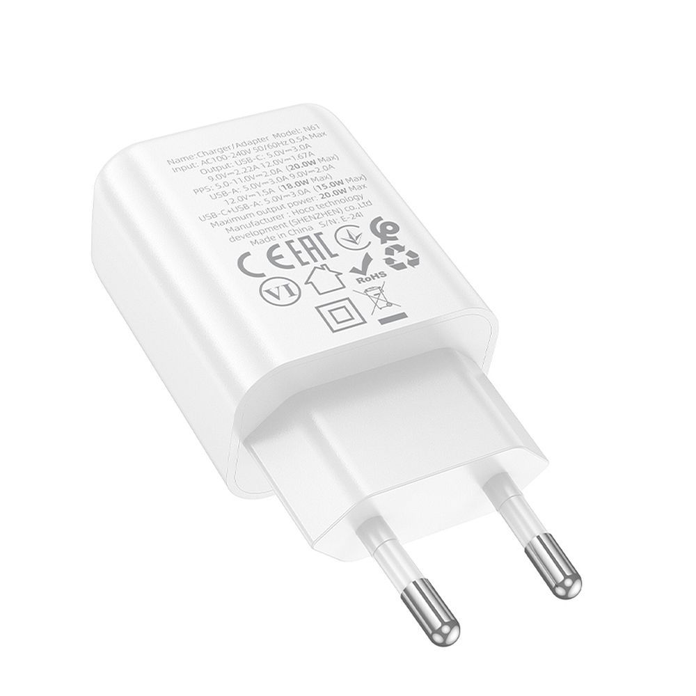 Polnilnik omrežja HOCO N61, 20W, 3A, 1 x USB-A - 1 x USB-C, Bel