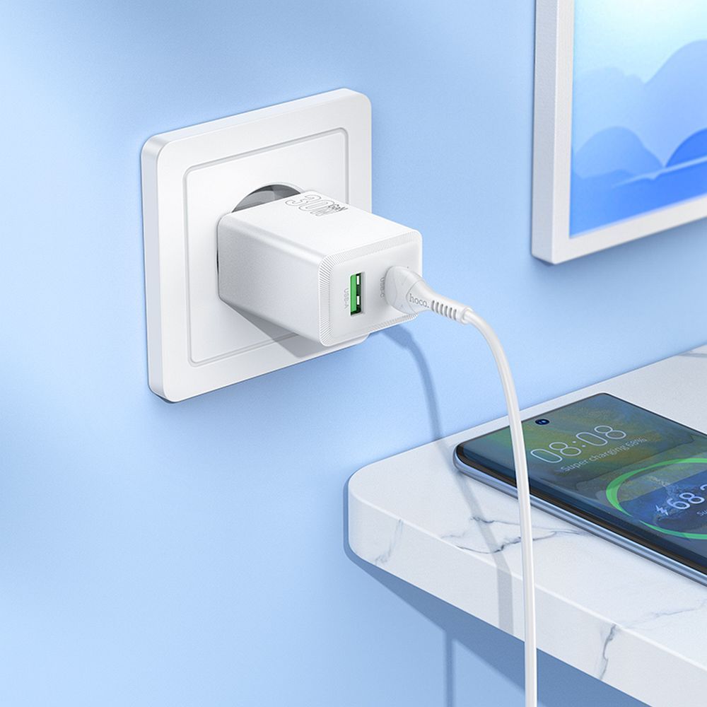 Polnilnik HOCO N71, 30W, 3A, 1 x USB-A - 1 x USB-C, Bel