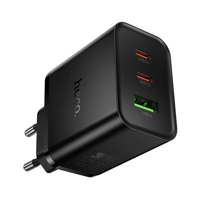 Polnilnik omrežja HOCO N75, 65W, 3A, 1 x USB-A - 2 x USB-C, črn