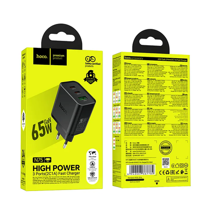 Polnilnik omrežja HOCO N75, 65W, 3A, 1 x USB-A - 2 x USB-C, črn