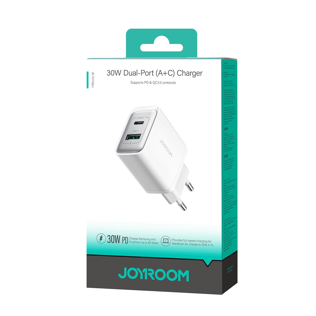 Polnilnik Joyroom JR-TCF15, 30W, 5A, 1 x USB-A - 1 x USB-C, Bel