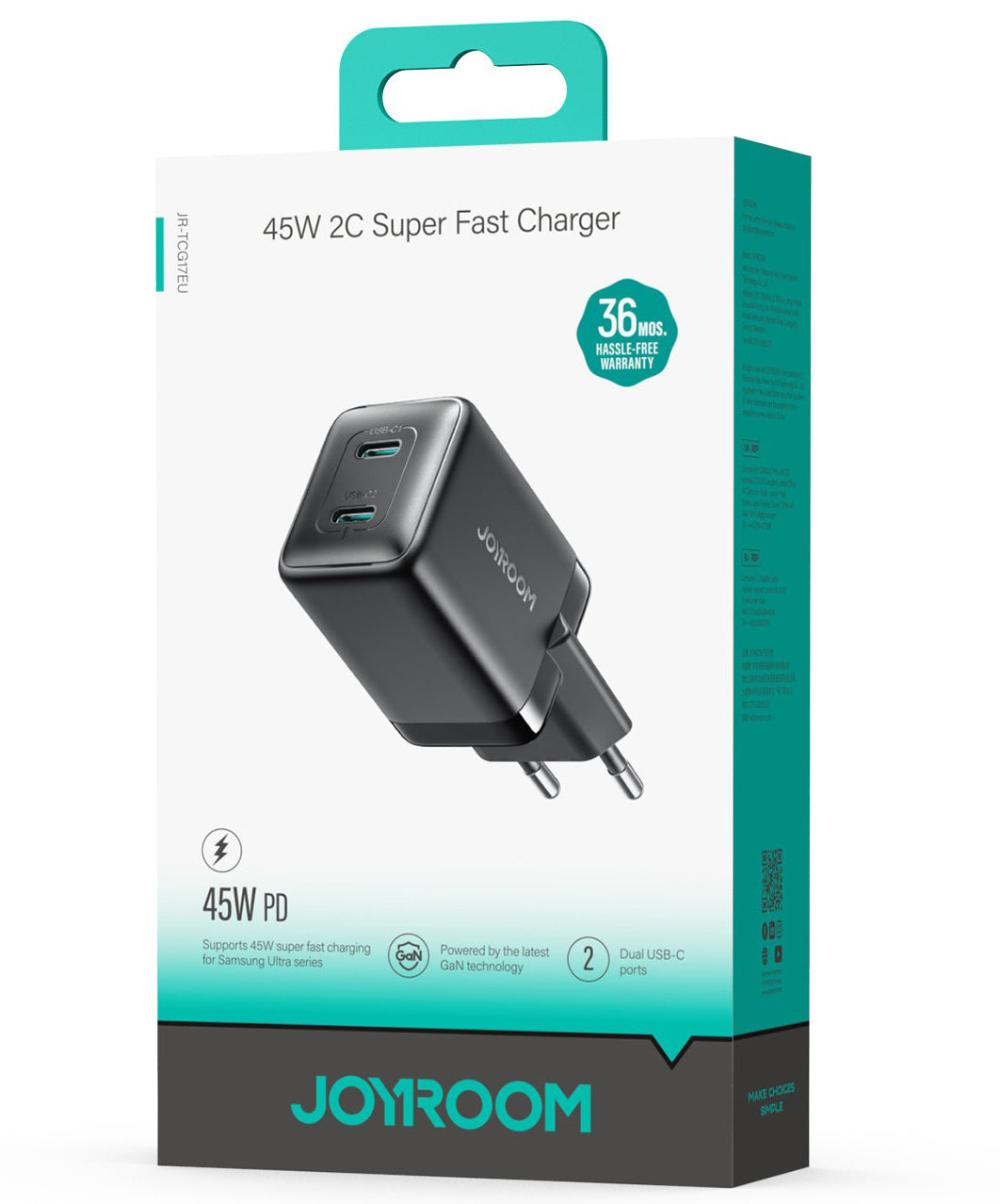 Polnilnik Joyroom JR-TCG17, 45W, 3A, 2 x USB-C, črn