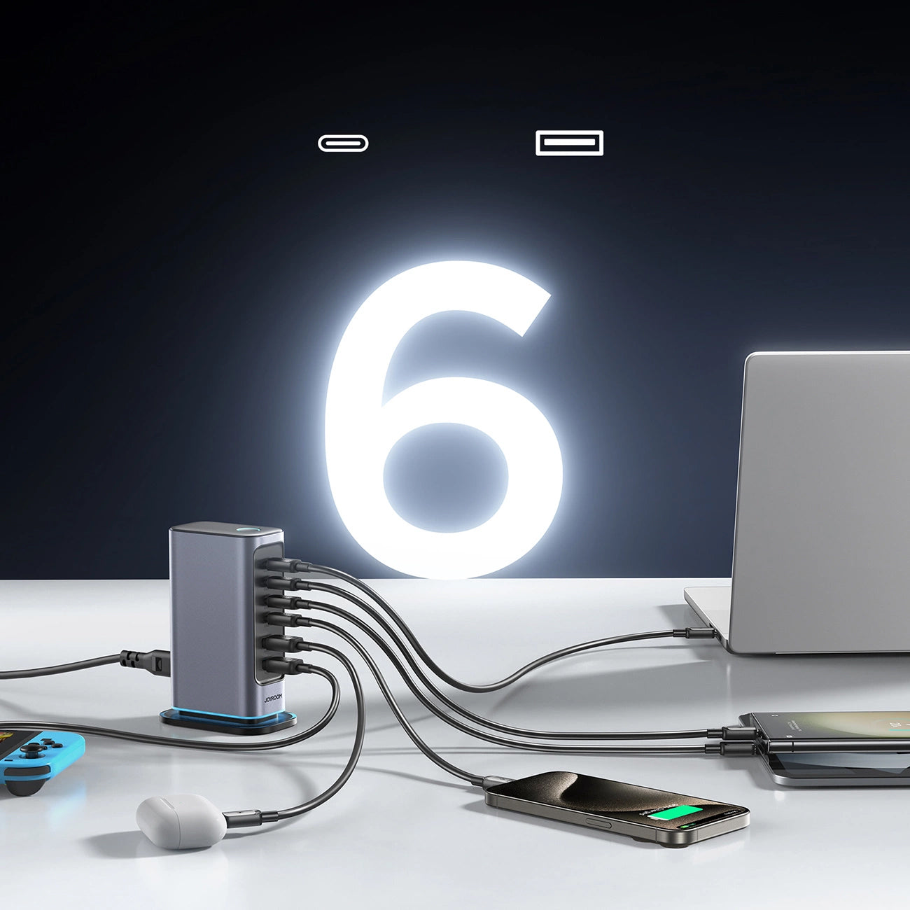 Polnilna postaja Joyroom JR-TCM02, 65W, 3.25A, 2 x USB-A - 4 x USB-C, Siva