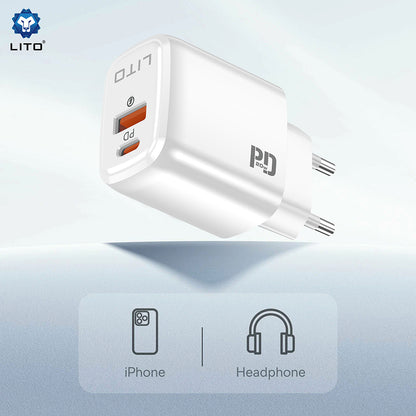 Polnilnik Lito LC28, 20W, 3A, 1 x USB-A - 1 x USB-C, Bel