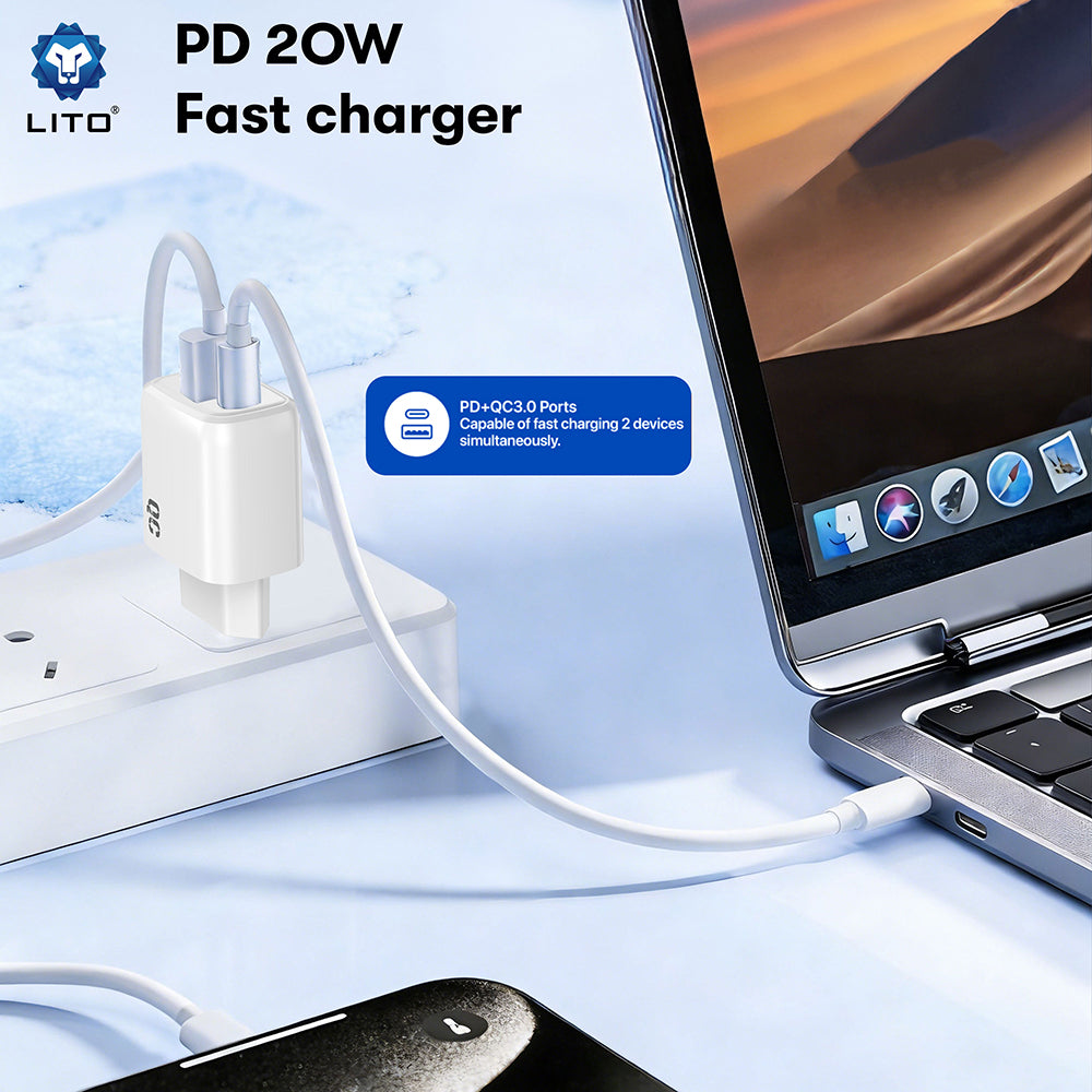 Polnilnik Lito LC28, 20W, 3A, 1 x USB-A - 1 x USB-C, Bel