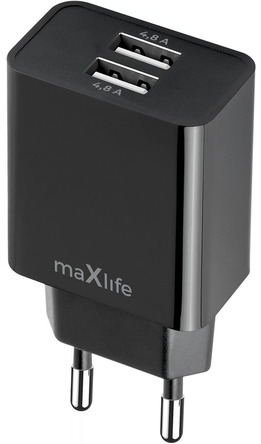Polnilnik omrežja MaXlife MXTC-12, 24W, 2.4A, 2 x USB-A, Črn