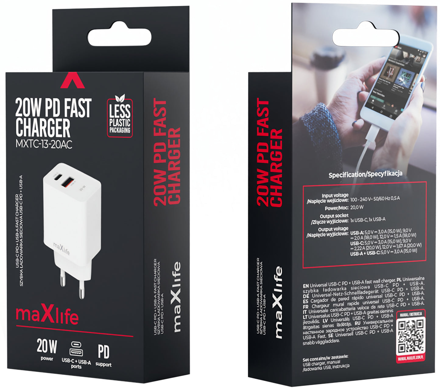 Polnilnik MaXlife MXTC-13-20AC, 20W, 3A, 1 x USB-A - 1 x USB-C, Bel