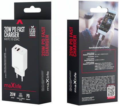 Polnilnik MaXlife MXTC-13-20AC, 20W, 3A, 1 x USB-A - 1 x USB-C, Bel