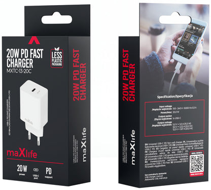 Polnilnik MaXlife MXTC-13-20C, 20W, 3A, 1 x USB-C, Bel