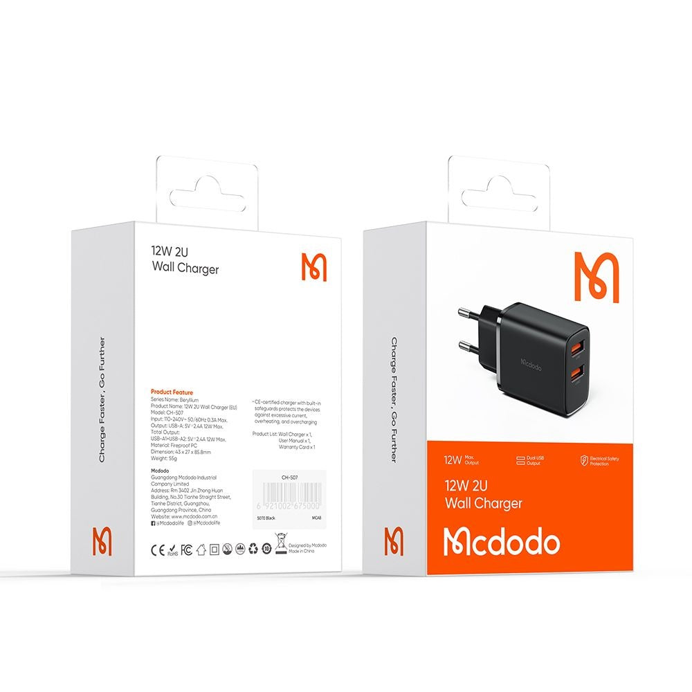 Polnilnik McDodo CH-5070 Beryllium, 12W, 2.4A, 2 x USB-A, črn