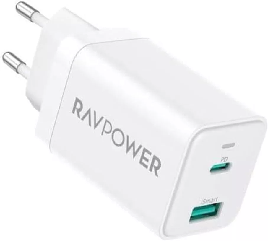 Omrežni polnilec RavPower RP-PC171, 45W, 3A, 1 x USB-A - 1 x USB-C, bel