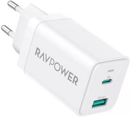 Omrežni polnilec RavPower RP-PC171, 45W, 3A, 1 x USB-A - 1 x USB-C, bel
