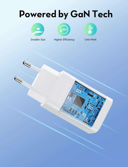 Omrežni polnilec RavPower RP-PC171, 45W, 3A, 1 x USB-A - 1 x USB-C, bel