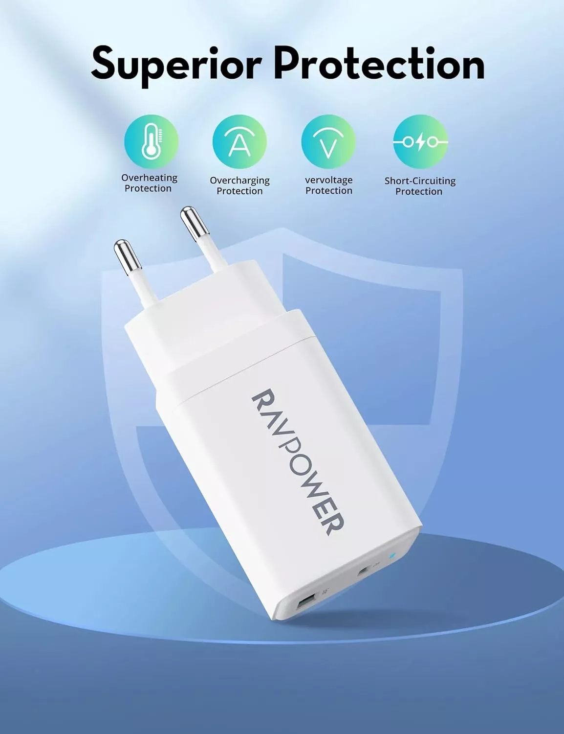 Omrežni polnilec RavPower RP-PC171, 45W, 3A, 1 x USB-A - 1 x USB-C, bel