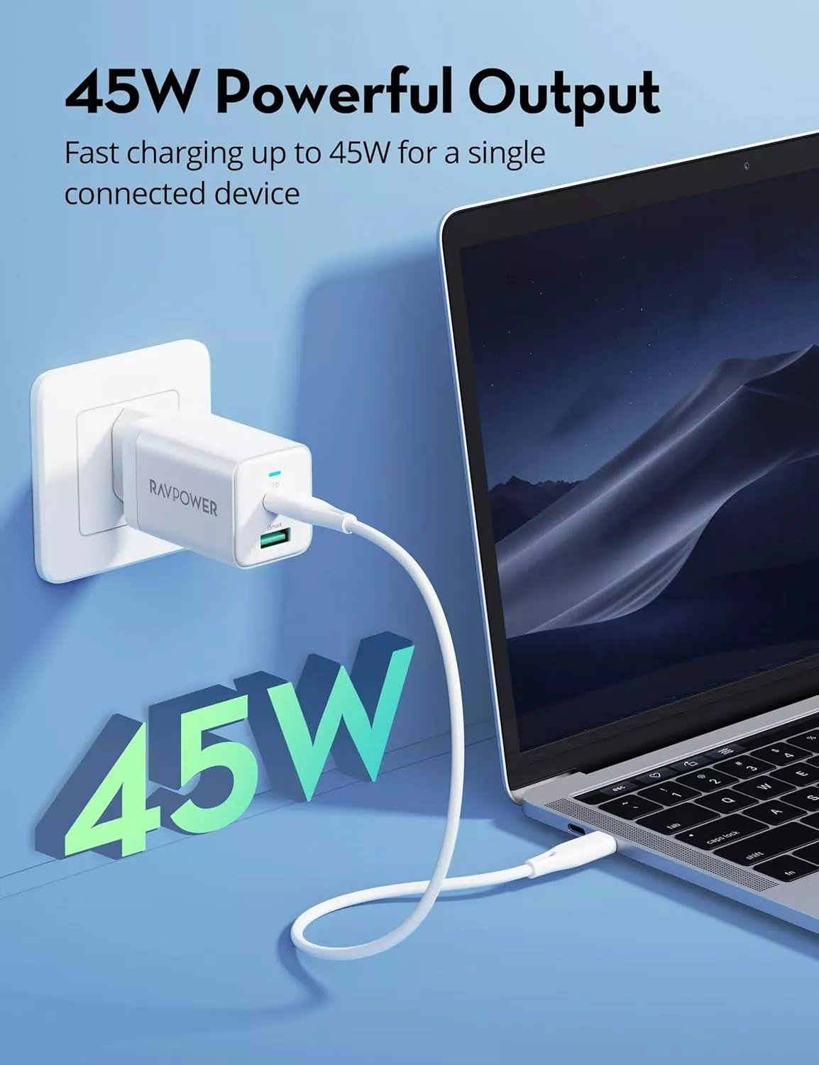 Omrežni polnilec RavPower RP-PC171, 45W, 3A, 1 x USB-A - 1 x USB-C, bel