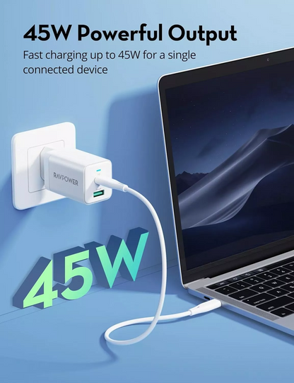 Omrežni polnilec RavPower RP-PC171, 45W, 3A, 1 x USB-A - 1 x USB-C, bel