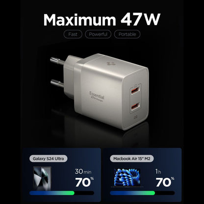 Omrežni polnilec Spigen EE472EU Essential, 47W, 3A, 2 x USB-C, Titan siva ACH10451