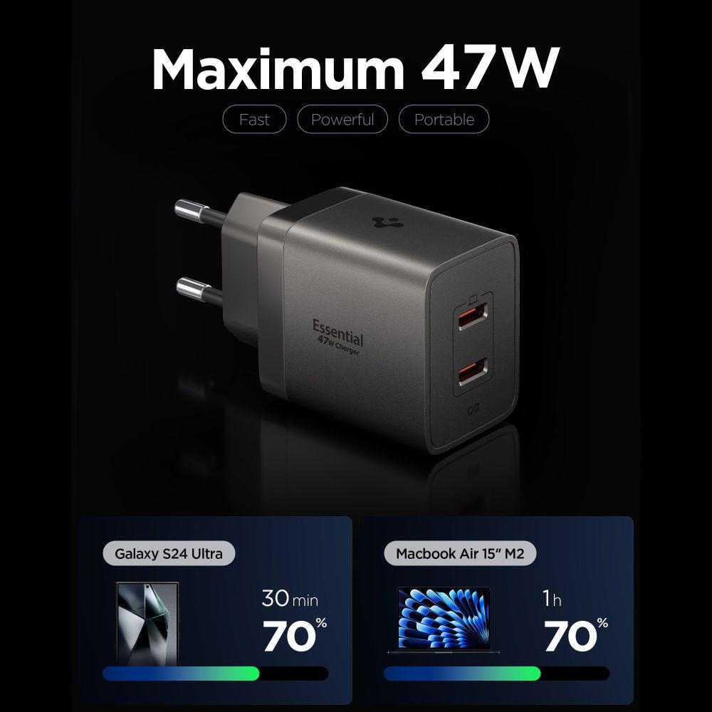 Omrežni polnilec Spigen EE472EU Essential, 47W, 3A, 2 x USB-C, Siva ACH10450