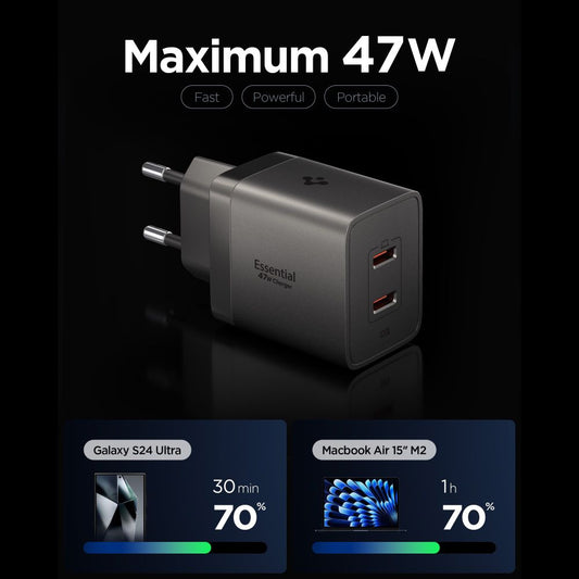 Omrežni polnilec Spigen EE472EU Essential, 47W, 3A, 2 x USB-C, Siva ACH10450