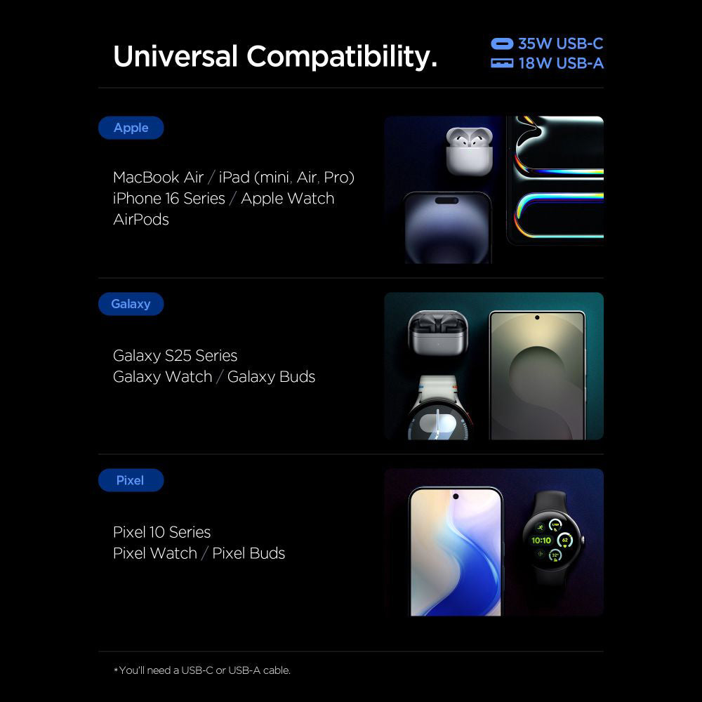 Polnilnik Spigen Essential, 35W, 3A, 1 x USB-A - 1 x USB-C, črn