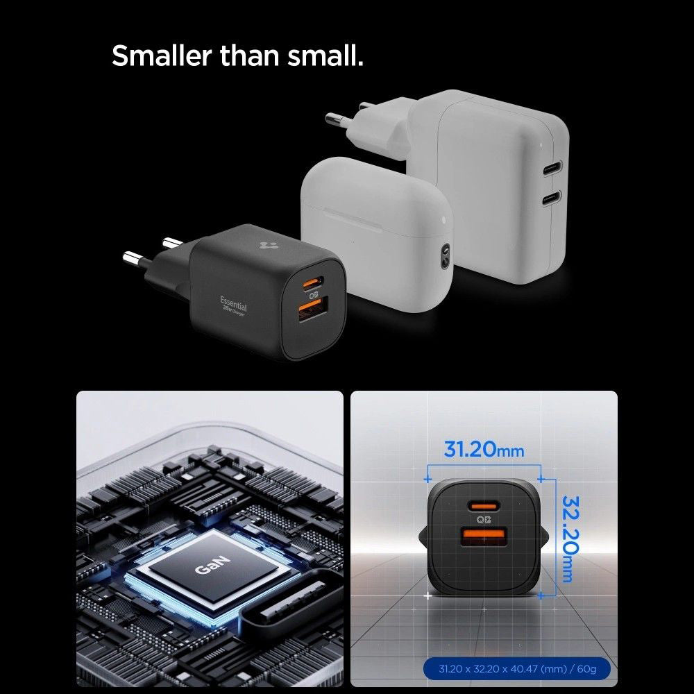 Polnilnik Spigen Essential, 35W, 3A, 1 x USB-A - 1 x USB-C, črn