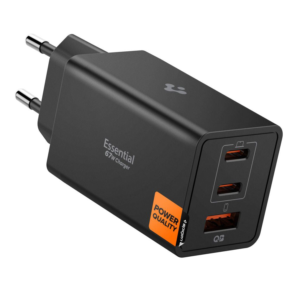 Polnilnik Spigen Essential, 67W, 3.25A, 1 x USB-A - 2 x USB-C, črn