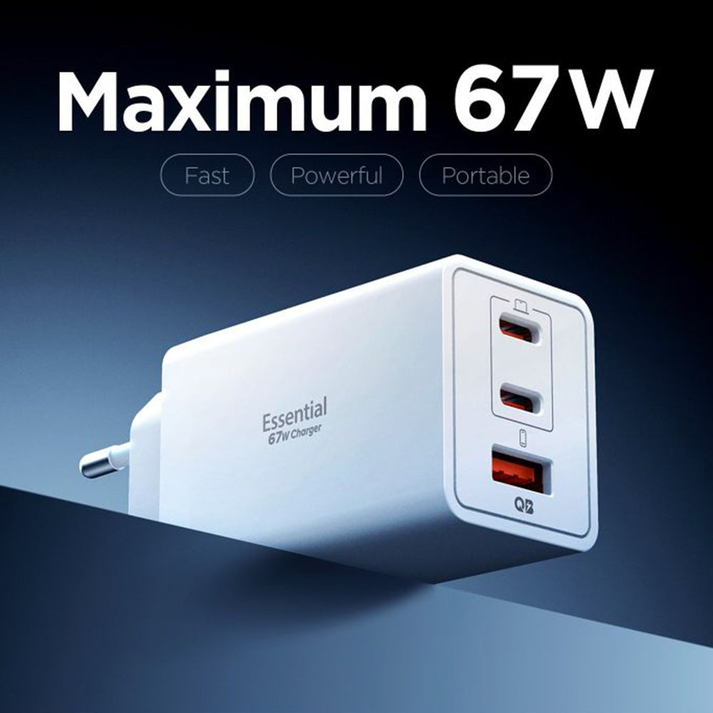 Polnilnik Spigen Essential, 67W, 3.25A, 1 x USB-A - 2 x USB-C, Bel ACH08710