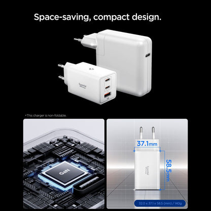 Polnilnik Spigen Essential, 67W, 3.25A, 1 x USB-A - 2 x USB-C, Bel ACH08710