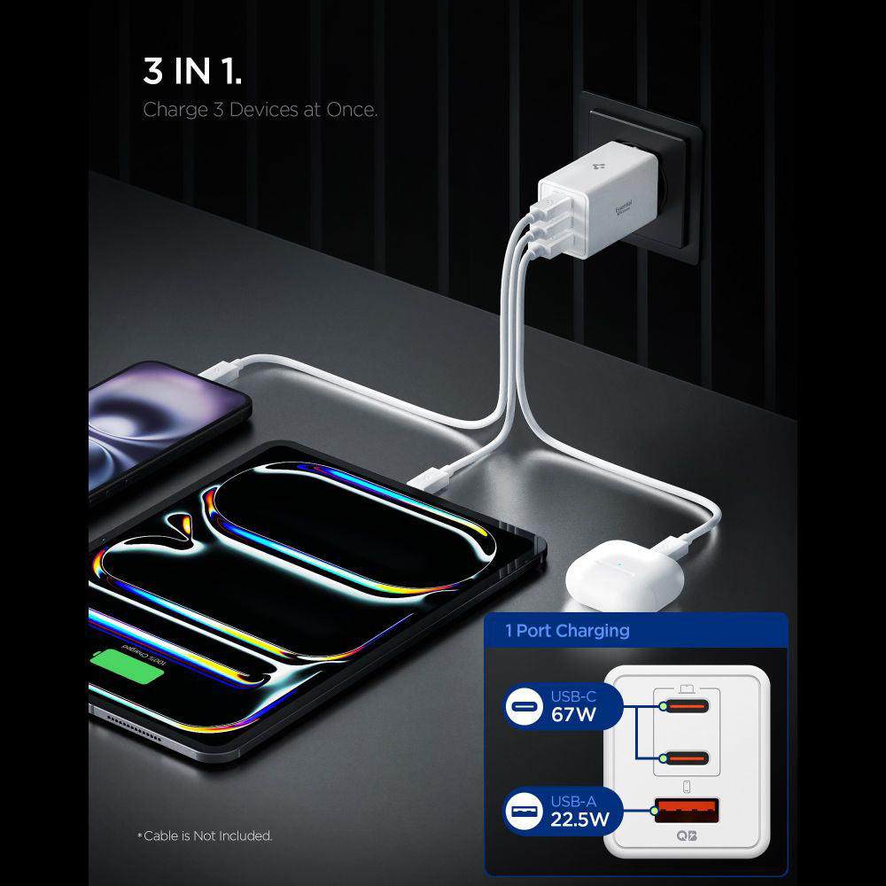 Polnilnik Spigen Essential, 67W, 3.25A, 1 x USB-A - 2 x USB-C, Bel ACH08710