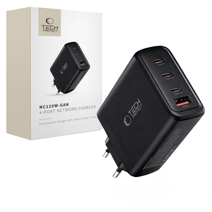 Polnilnik omrežja Tech-Protect NC120W-GAN, 120W, 5A, 1 x USB-A - 3 x USB-C, črn