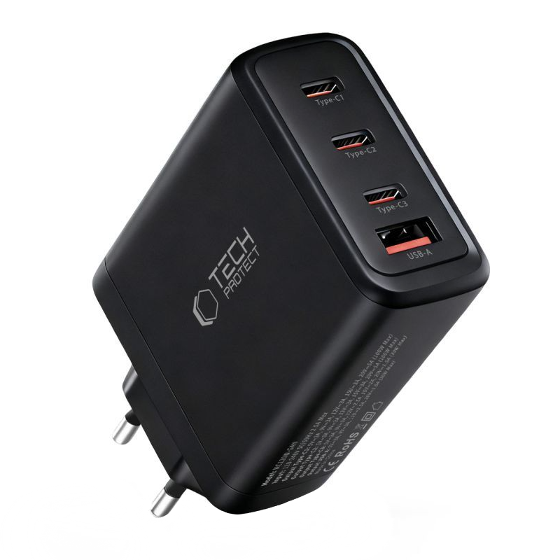 Polnilnik omrežja Tech-Protect NC120W-GAN, 120W, 5A, 1 x USB-A - 3 x USB-C, črn