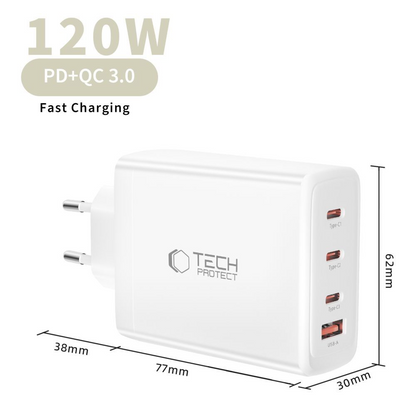 Polnilnik omrežja Tech-Protect NC120W-GAN, 120W, 5A, 1 x USB-A - 3 x USB-C, Bel