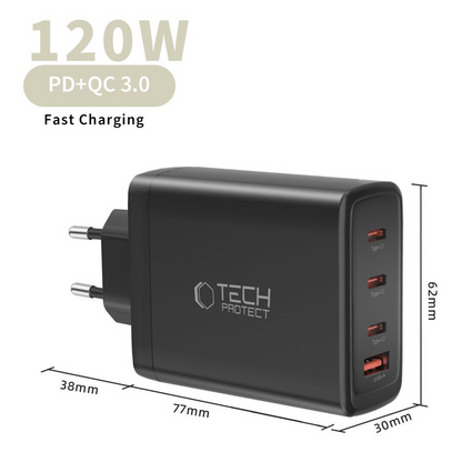 Polnilnik omrežja Tech-Protect NC120W-GAN, 120W, 5A, 1 x USB-A - 3 x USB-C, črn