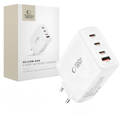 Polnilnik omrežja Tech-Protect NC120W-GAN, 120W, 5A, 1 x USB-A - 3 x USB-C, Bel