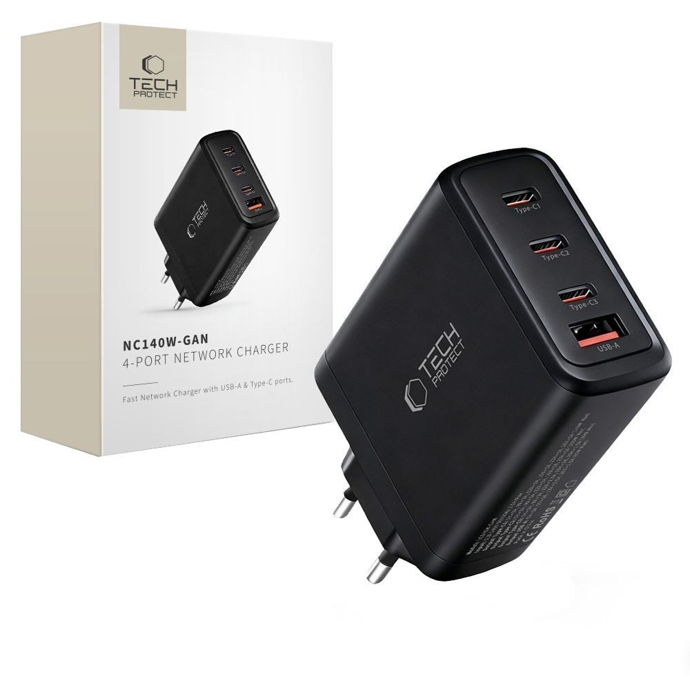 Polnilnik omrežja Tech-Protect NC140W-GAN, 140W, 5A, 1 x USB-A - 3 x USB-C, črn