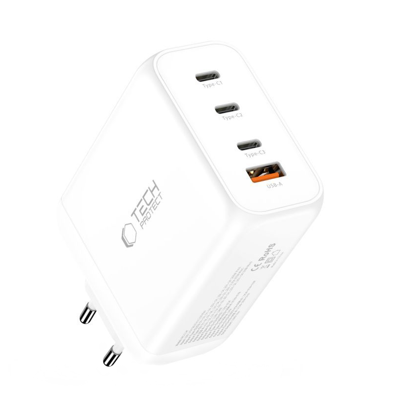Polnilnik omrežja Tech-Protect NC200W-GAN, 200W, 5A, 1 x USB-A - 3 x USB-C, Bel