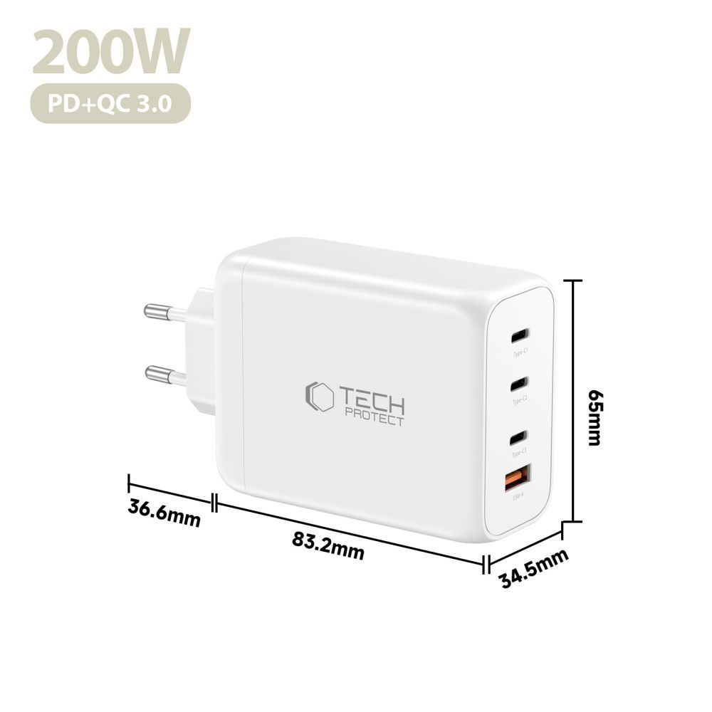 Polnilnik omrežja Tech-Protect NC200W-GAN, 200W, 5A, 1 x USB-A - 3 x USB-C, Bel