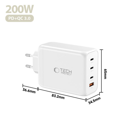 Polnilnik omrežja Tech-Protect NC200W-GAN, 200W, 5A, 1 x USB-A - 3 x USB-C, Bel